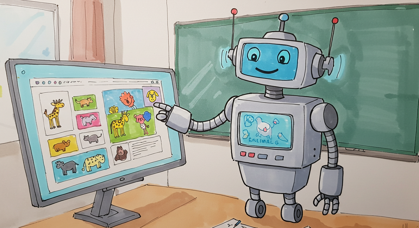 A cheerful cartoon robot is pointing at a computer screen displaying colorful animal illustrations, set in a classroom with a chalkboard in the background.