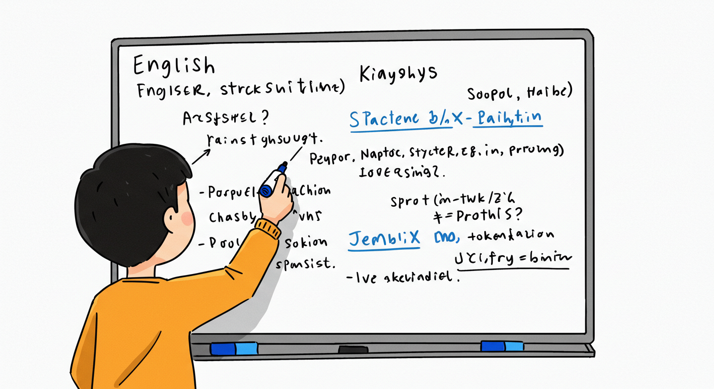 A person with short black hair, wearing an orange sweater, is writing on a whiteboard filled with various notes and diagrams in both English and another language. The whiteboard includes terms related to art, science, and technology.