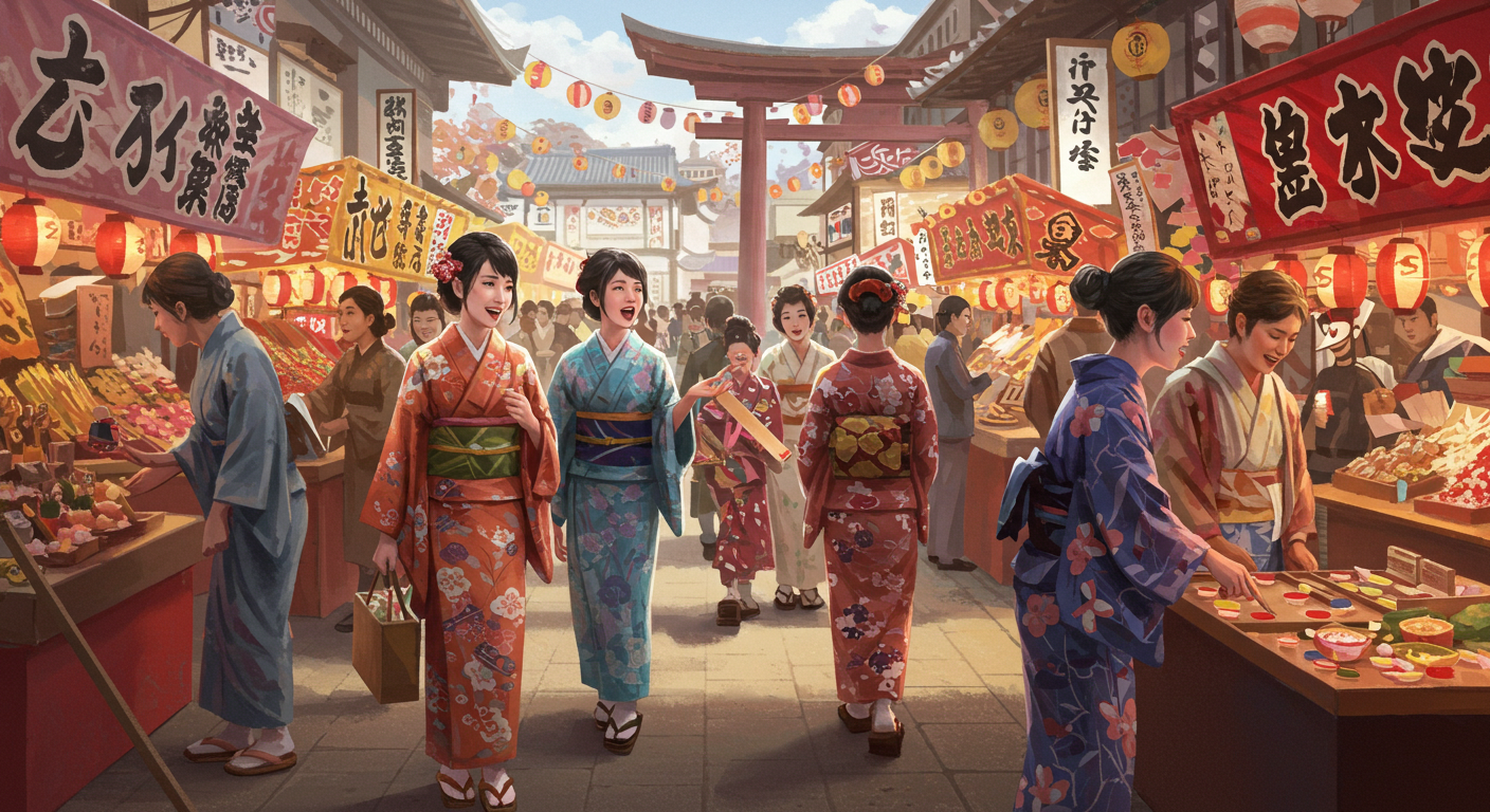 A busy market scene featuring women in colorful kimonos, laughing and engaging with each other while browsing various food stalls adorned with lanterns and banners in a traditional setting.