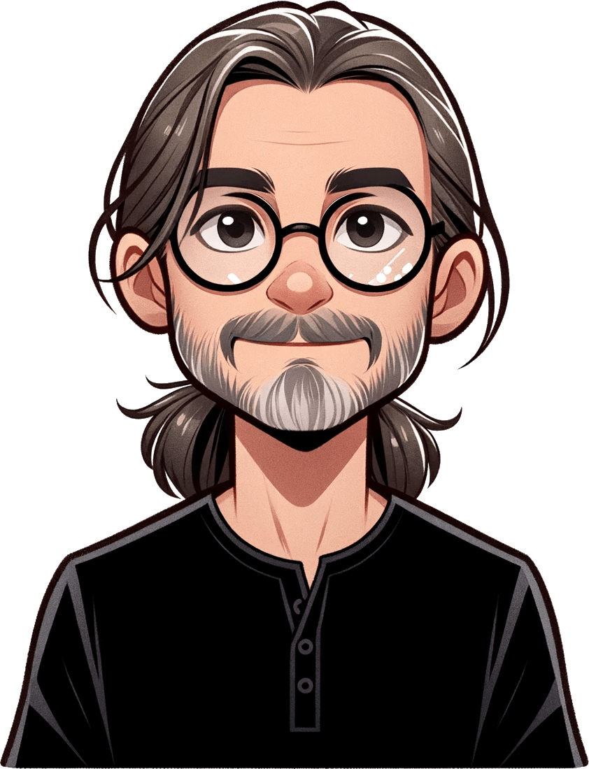 A cartoon-style illustration of a man with long, gray hair tied back, a beard, and wearing glasses. He has a friendly expression and is dressed in a black shirt.