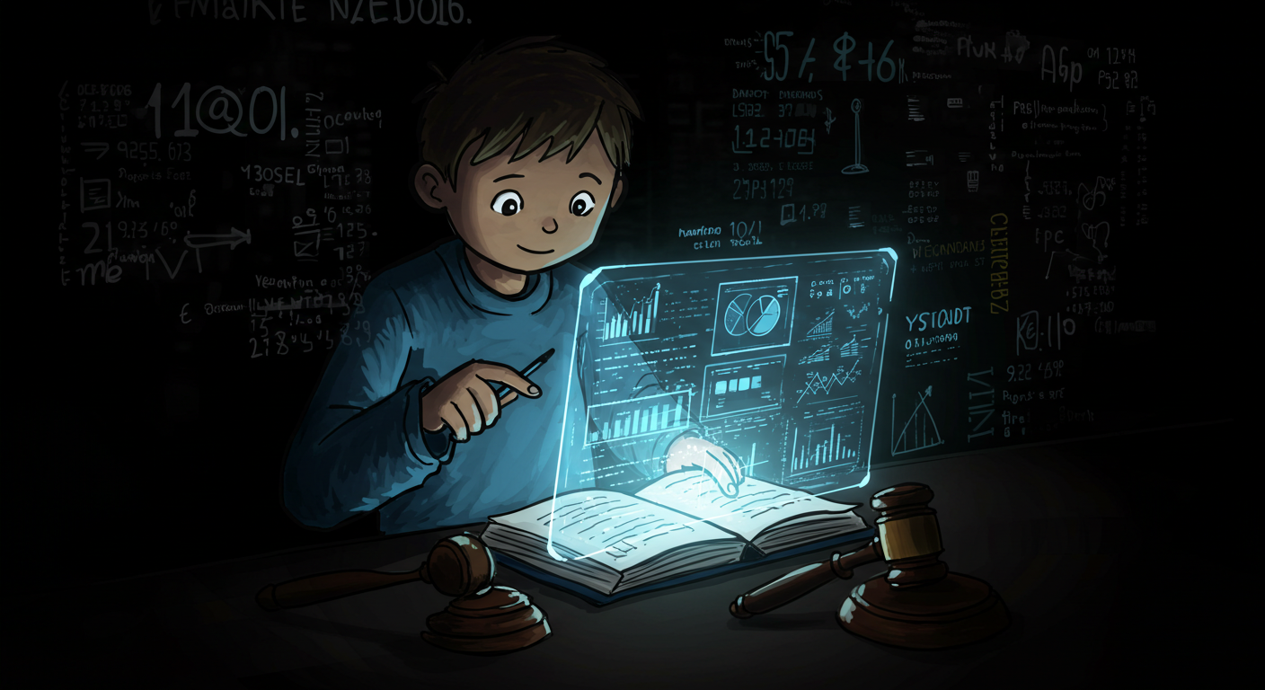 A young boy is sitting at a desk, focused on a glowing, transparent holographic screen displaying graphs and data while he writes in an open book. Two wooden gavel pieces are also on the desk, and equations and figures are faintly visible in the dark background.