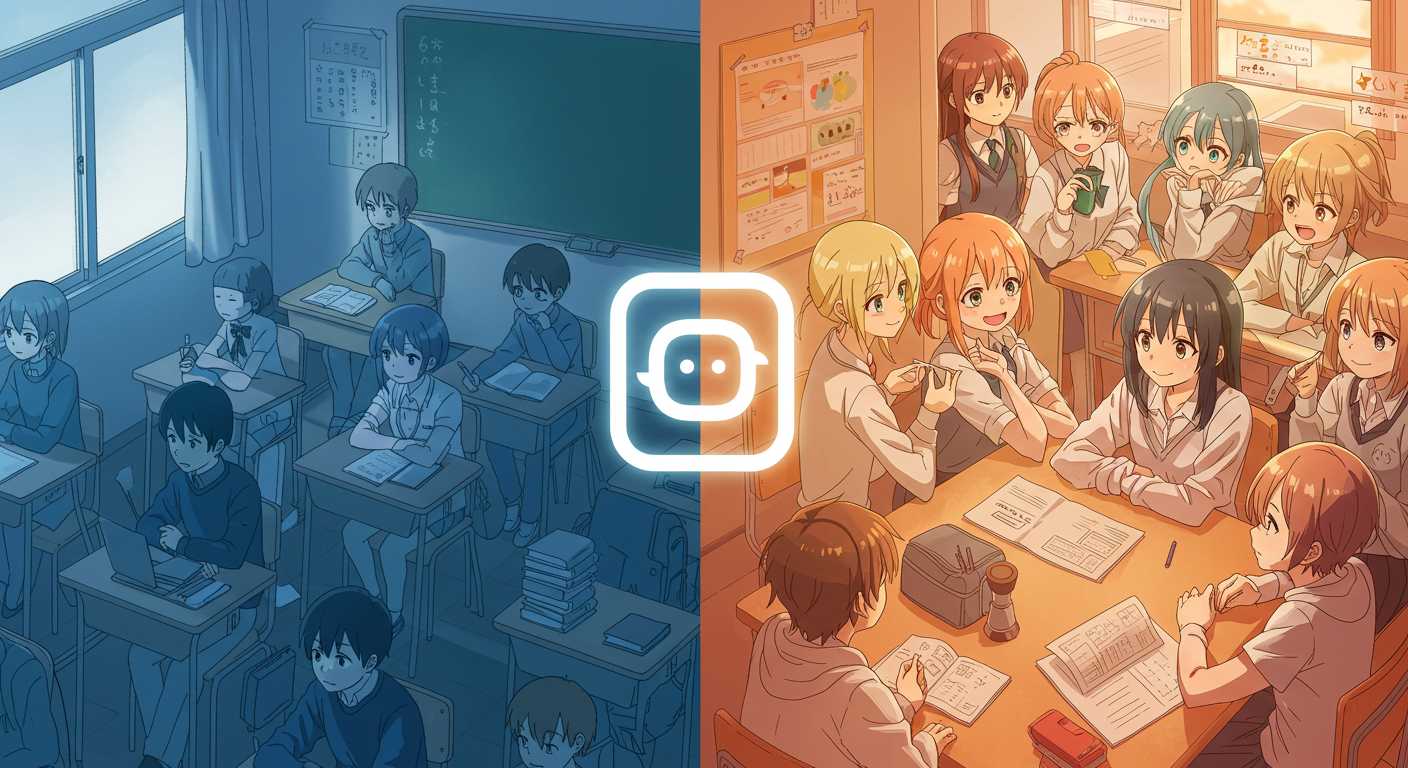 A split illustration showing two classroom scenes: on the left, a dimly lit classroom with students focused on their work; on the right, a brightly lit room where students are happily engaging with each other around a table filled with books and snacks.