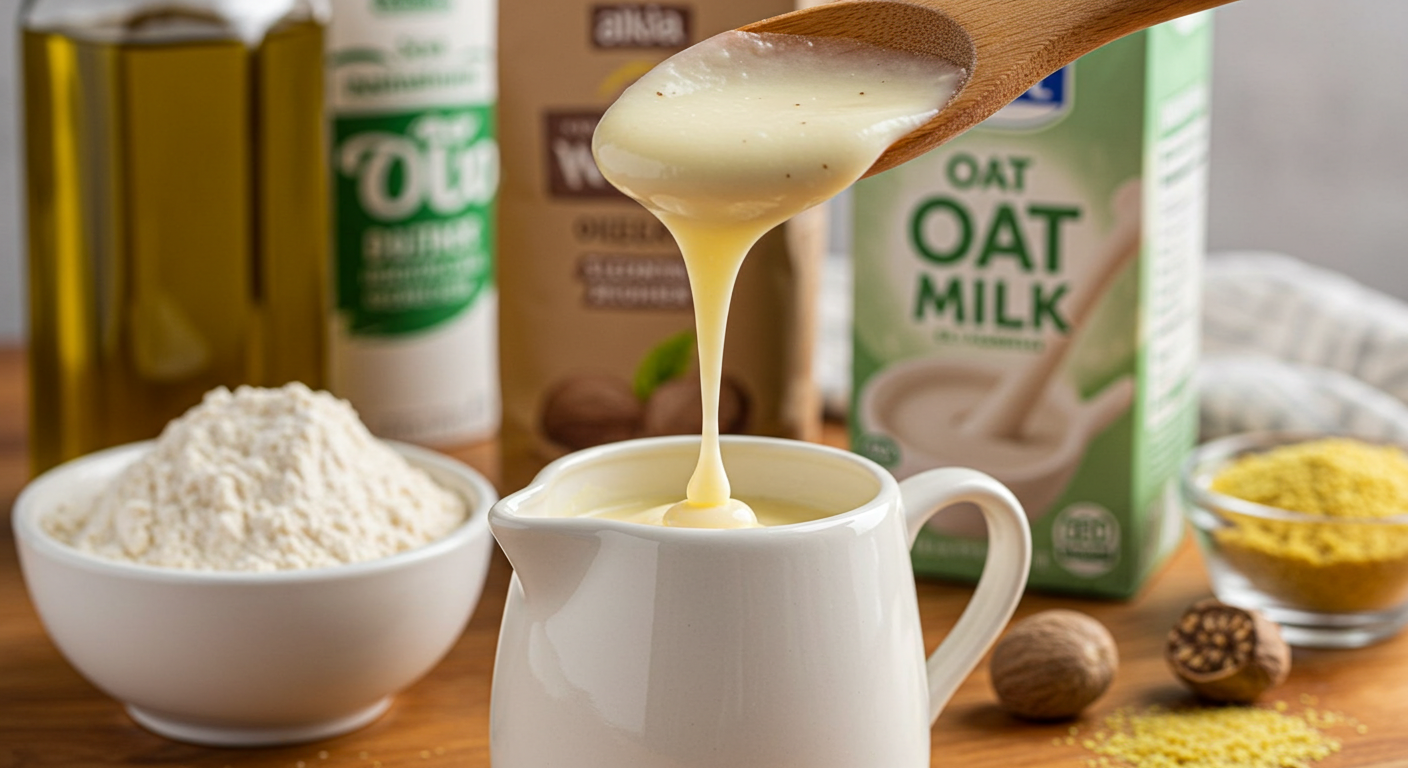 A wooden spoon holding creamy sauce dripping into a small white jug, surrounded by ingredients including a bowl of flour, a bottle of olive oil, oat milk carton, and a bowl of yellow grains with whole nutmeg and star anise in the background.