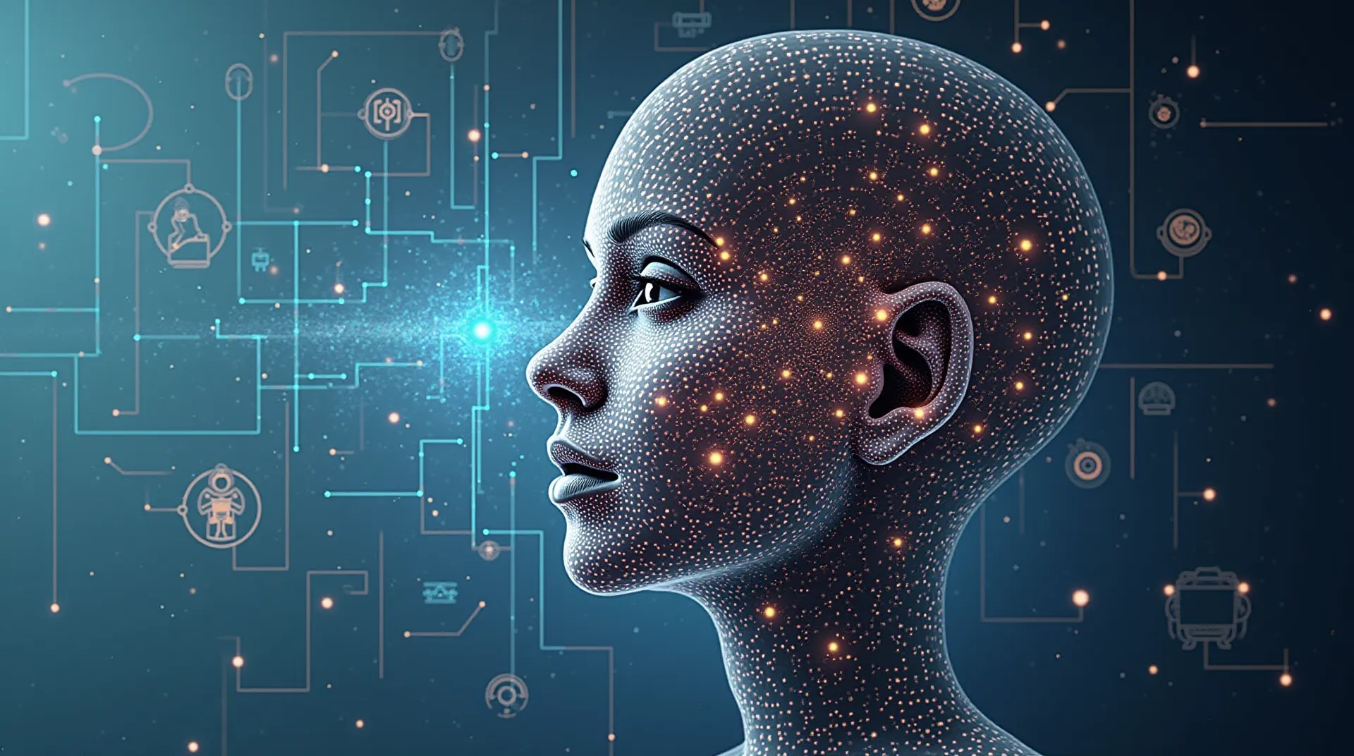 A futuristic profile of a humanoid figure with a smooth, bald head covered in shimmering dots and stars, set against a dark blue background filled with digital circuit patterns and glowing icons representing technology and space themes.