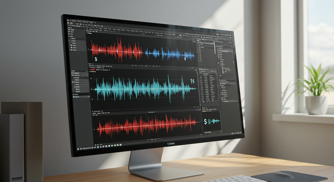 A large monitor displaying audio editing software with colorful waveform visuals in red and blue on a dark background, set on a light wooden desk next to a small plant and a white keyboard.