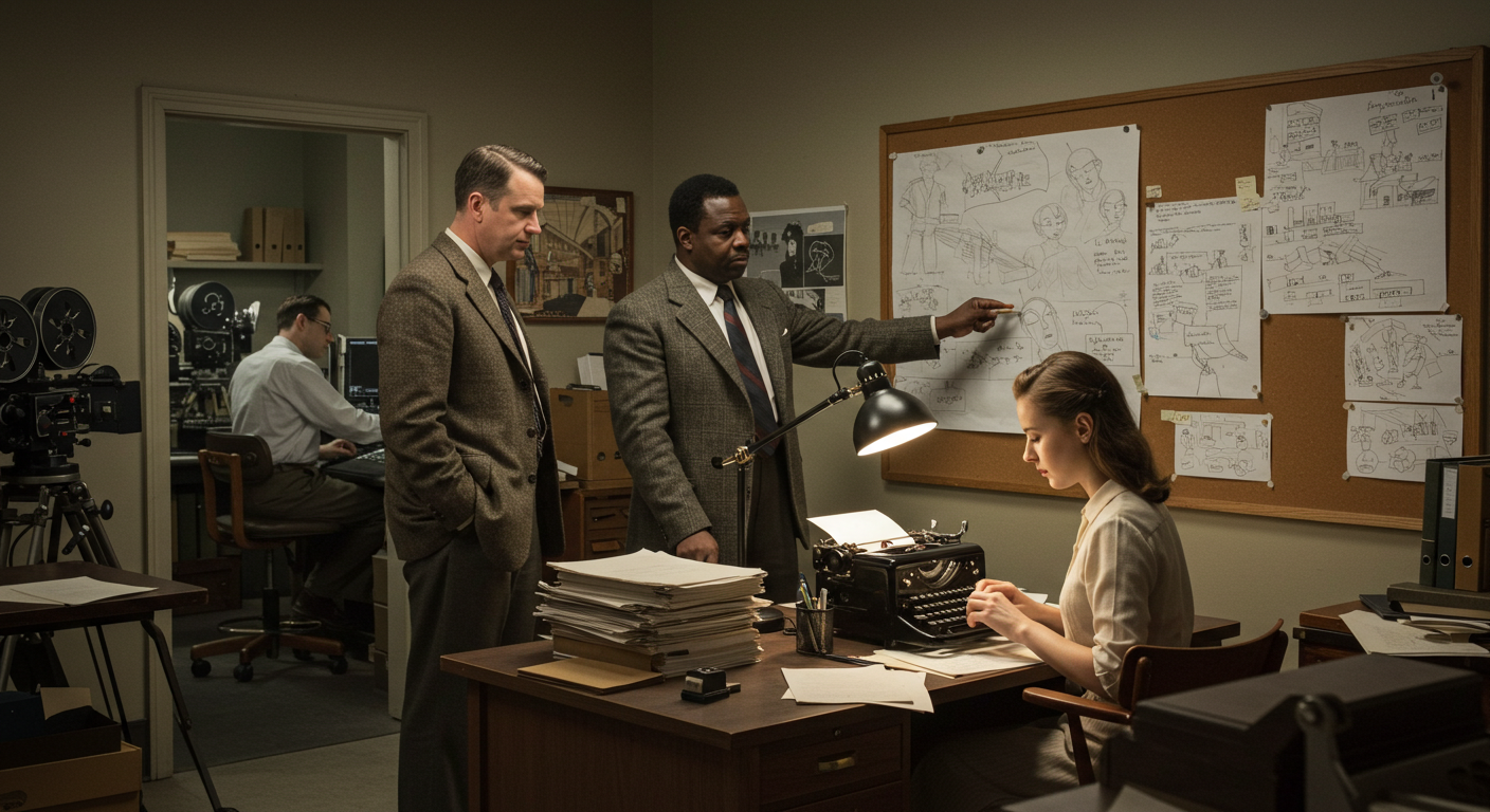 In a 1960s office setting, two men in suits discuss a document pointed at by one, while a woman in a light blouse types at a typewriter, surrounded by stacks of papers. A bulletin board displays various sketches and notes.