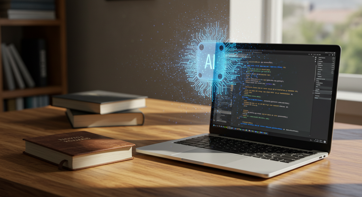 A laptop on a wooden table displaying code on its screen, with a digital representation of an AI chip floating above it, and two stacked books nearby.