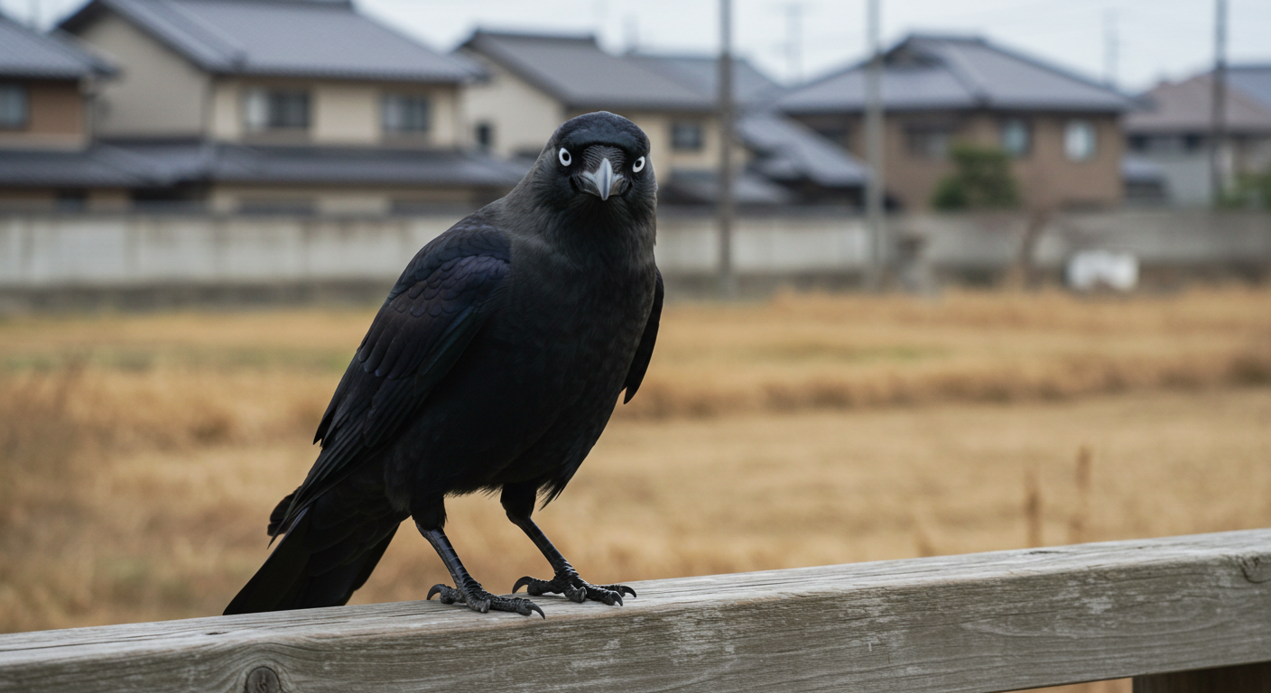 A black crow with striking white eyes perched on a wooden railing, set against a blurred background of houses and dry grass in an open field.