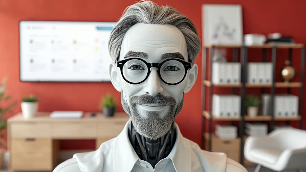 A humanoid System Prompt Rewriter robot with a friendly expression, sporting glasses and a gray beard, is set against a modern office background featuring red walls, a TV screen displaying interface icons, and plants, alongside a wooden desk and shelves filled with white office binders.