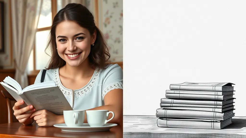 A smiling young woman holding an open book in a cozy café, with two cups on the table; next to her is an illustration of a stack of books.