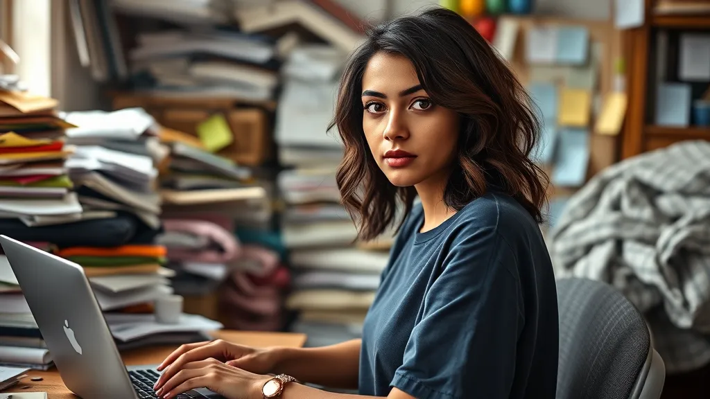 A young woman with wavy brown hair sitting at a cluttered desk, focused on her laptop, with stacks of papers and documents in the background.