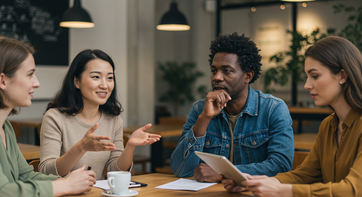 A diverse group of four people engaging in a discussion at a cafe table, with one woman animatedly speaking while gesturing, and the others listening attentively, including a man holding a tablet and two women taking notes.