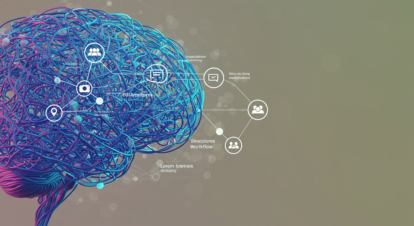 A colorful abstract representation of a brain made of intertwined lines, with various icons related to communication and workflow, including a camera, a location pin, and group icons, all linked by lines on a soft gradient background.