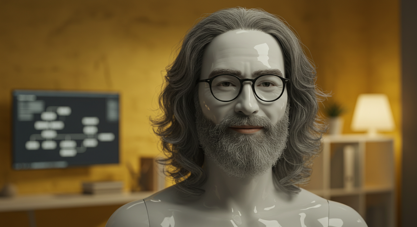 A digital human model with gray hair and a beard, wearing glasses, smiling against a softly lit background featuring a monitor displaying a flowchart and a desk lamp, in a modern indoor setting.