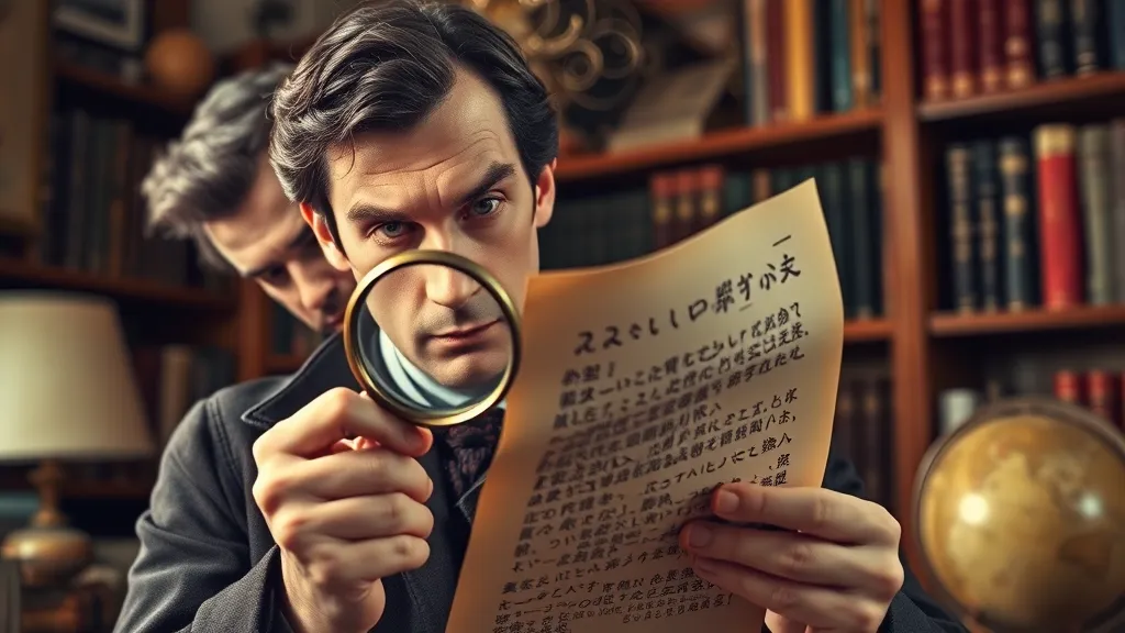 A man in vintage attire closely examines a piece of paper with a magnifying glass, revealing handwritten text in Japanese. In the background, another man appears to be observing him, surrounded by bookshelves filled with books and a globe on a nearby table, creating a focused and analytical atmosphere.