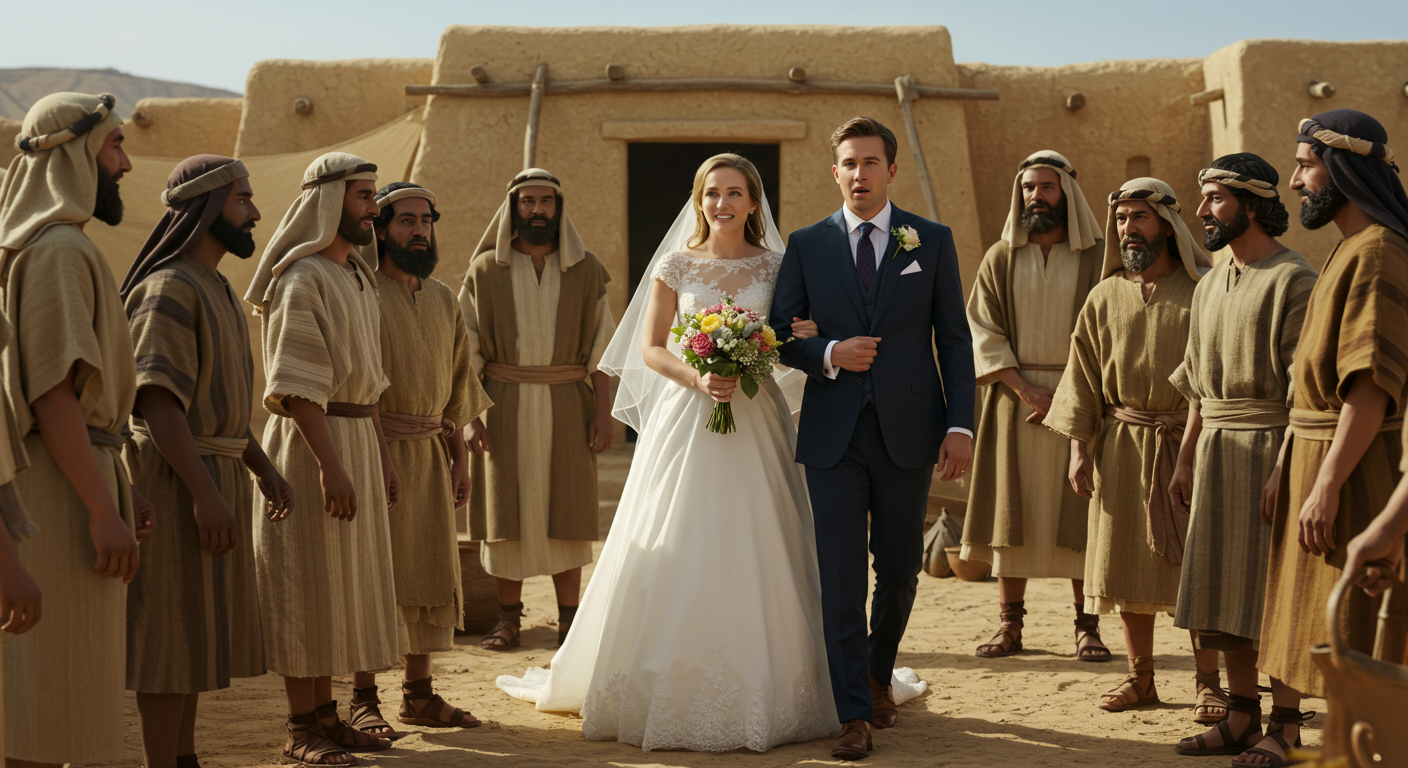 A groom in a blue suit and a bride in a white wedding dress with a veil walk together through a group of men dressed in traditional Middle Eastern attire, all set in a rural environment with sandy ground and adobe buildings in the background.