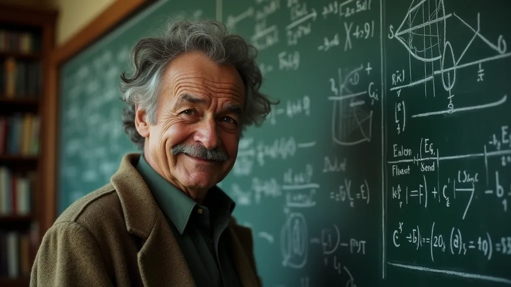 A middle-aged man with curly gray hair and a mustache, smiling while standing in front of a chalkboard filled with mathematical equations and graphs, wearing a tan coat over a green shirt, with bookshelves visible in the background.