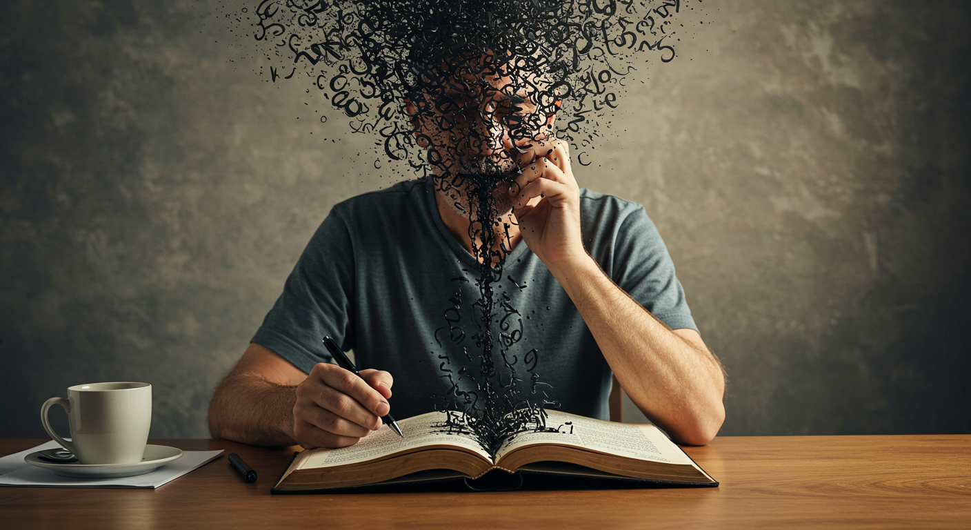 A person sitting at a wooden table, appearing to be deep in thought while holding their face. In front of them is an open book, with black letters and symbols swirling dramatically upward and dissipating into the air, creating an artistic effect. A white coffee cup and a pen can also be seen on the table.