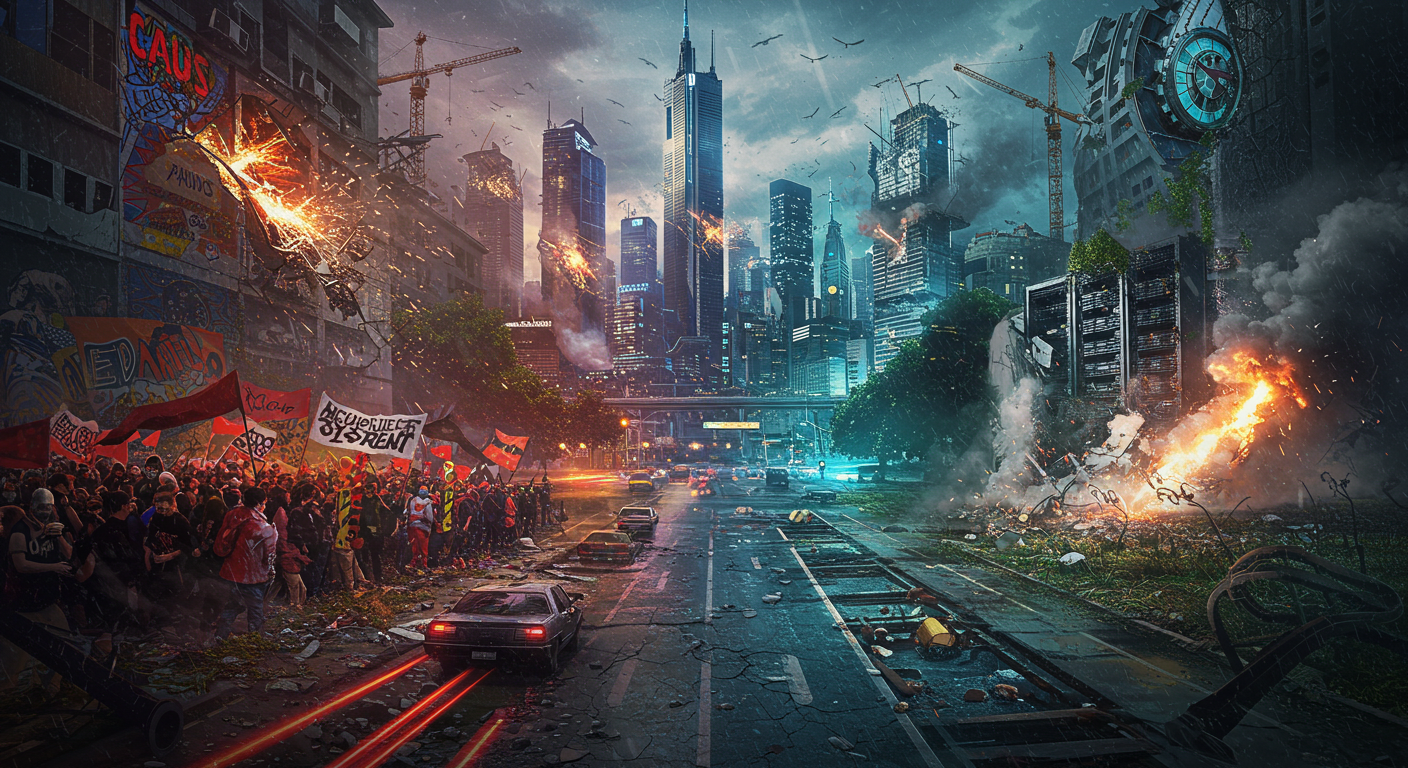 A dystopian city scene with a large crowd holding flags and banners in protest on the left, while the right side features a futuristic skyline with buildings in disrepair, explosions, and smoke. A cracked road with abandoned vehicles stretches through the center, under a gloomy sky.