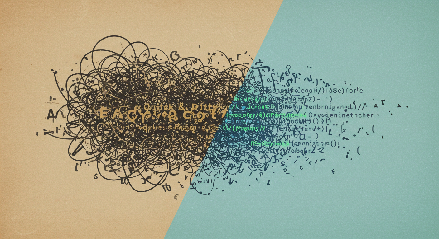 A visually abstract design featuring a chaotic mass of black scribbles and letters on a tan background, transitioning to a more organized structure of green and blue text and symbols on a light blue background, symbolizing the contrast between confusion and clarity in coding or information processing.