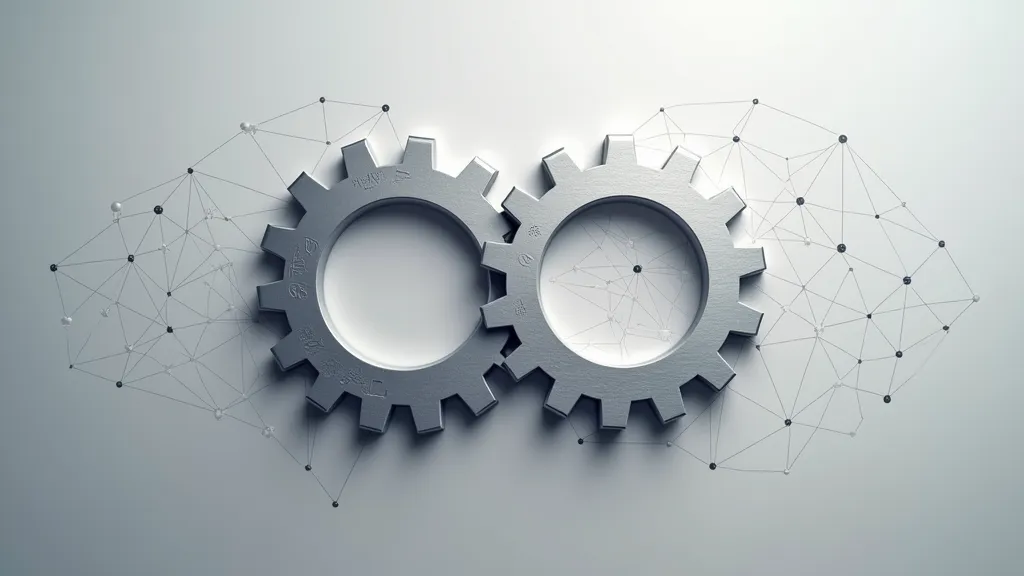 Two metallic gears interlocked, surrounded by a network of connecting lines and nodes against a light background, symbolizing technology and interconnectedness.