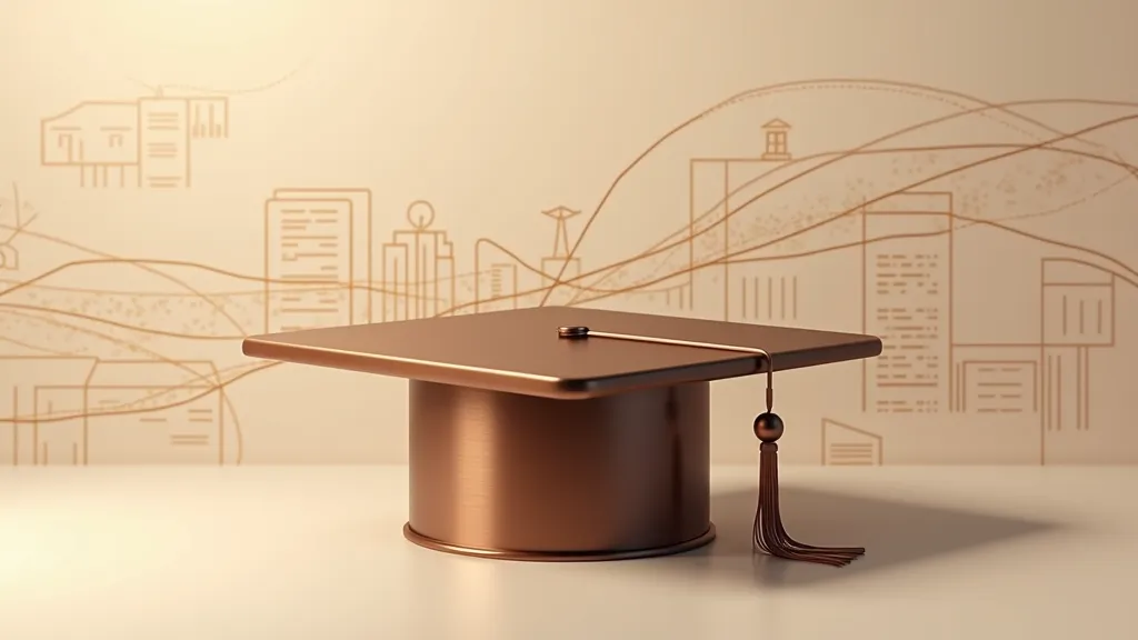 A bronze graduation cap with a tassel sits on a smooth surface, against a backdrop of minimalist, line-drawn cityscapes and abstract designs in warm tones.