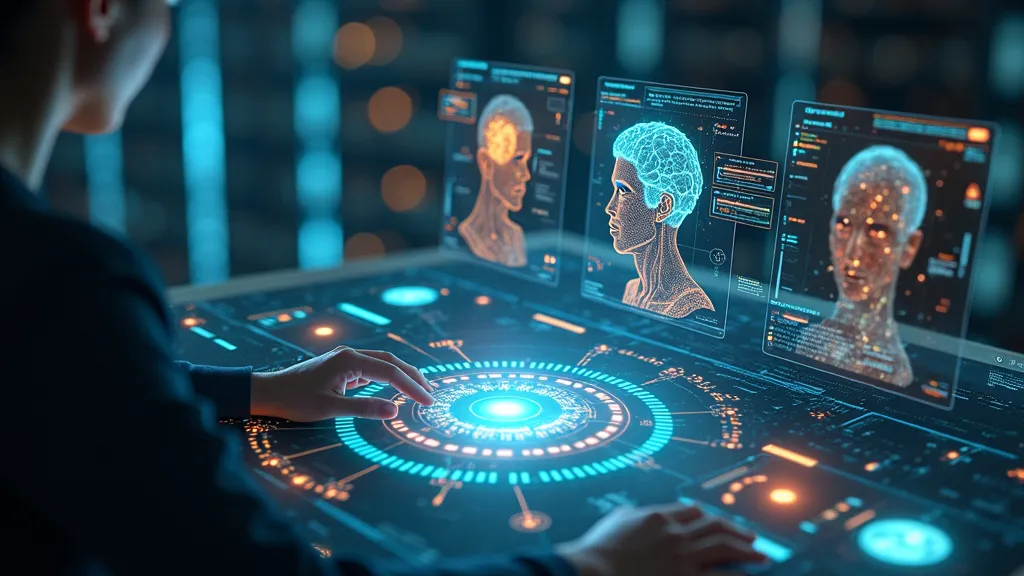 A person interacts with a futuristic holographic interface displaying three-dimensional digital profiles of human heads, with glowing data and graphics around a central control panel.