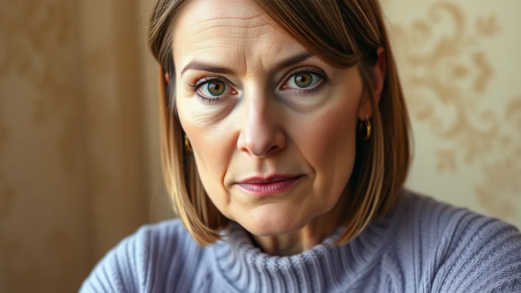 Close-up portrait of a woman with short brown hair and green eyes, looking directly at the camera, with a serious expression against a softly patterned background.