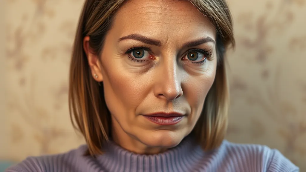 A close-up portrait of a woman with short, straight blond hair, wearing a light purple sweater. She has a serious expression, prominent cheekbones, and well-defined eyebrows, with soft focus on a beige floral background.