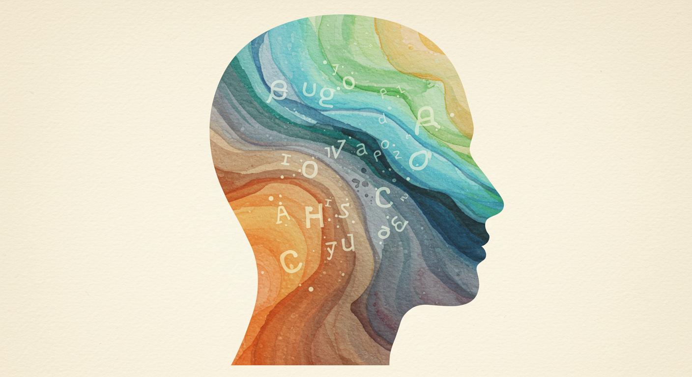 An artistic depiction of a human head in profile, filled with colorful waves of different hues, and scattered letters floating within the design, suggesting themes of thoughts and creativity.