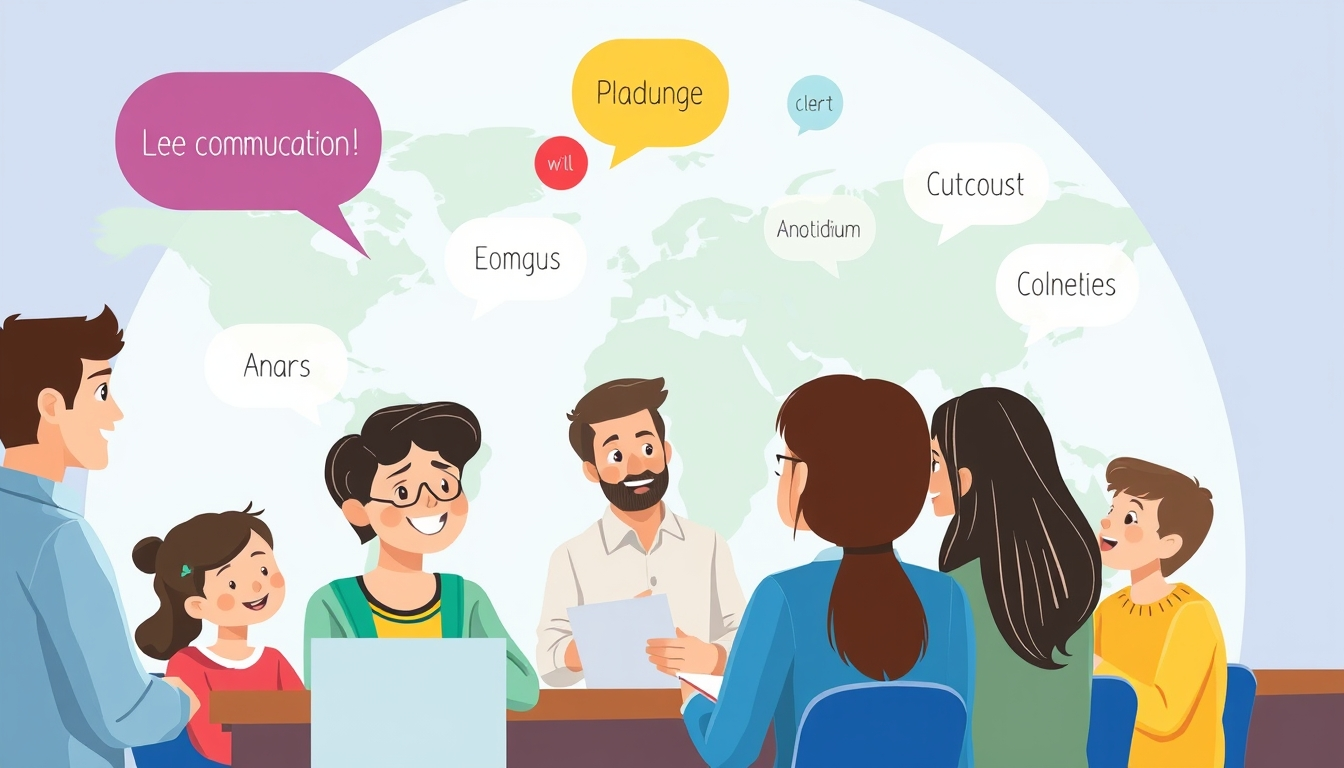 A diverse group of six people, including children and adults, are seated around a table engaging in conversation, with speech bubbles displaying playful, fictional words. The background features a world map, emphasizing a global theme of communication and interaction.