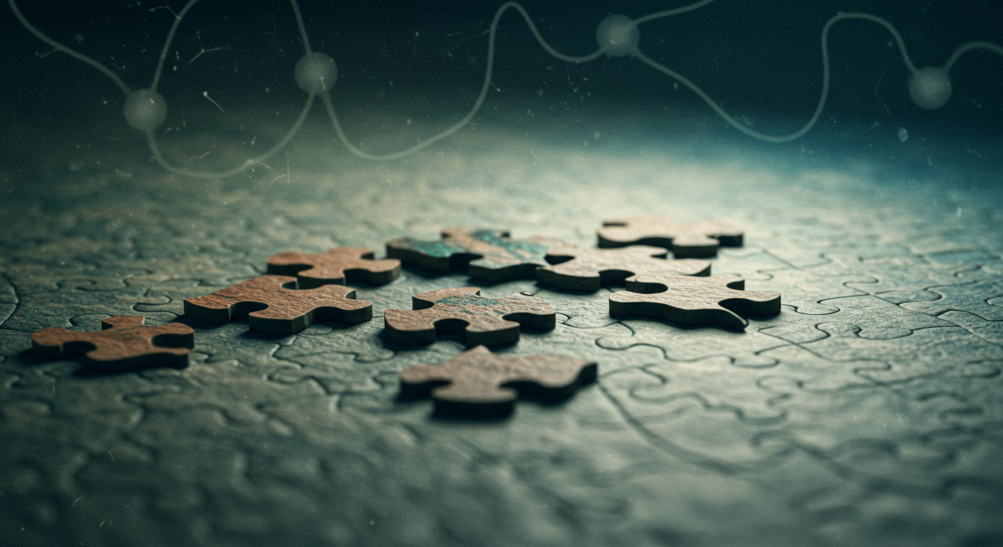 A close-up of several wooden puzzle pieces scattered on a textured surface, with a blurred background featuring a faint molecular structure.