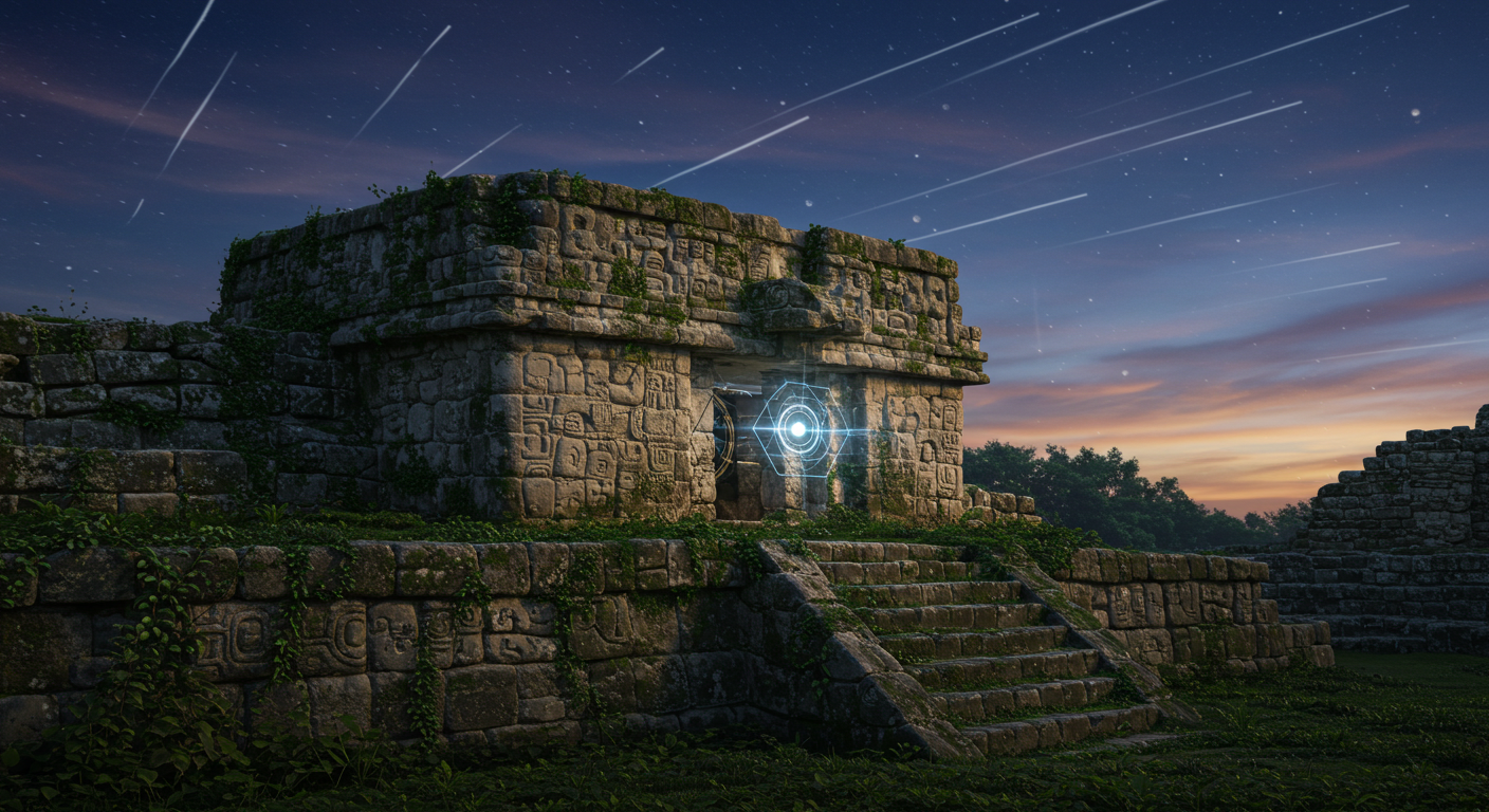 An ancient Mayan temple with intricate stone carvings, partially covered in greenery, illuminated by a glowing circular symbol at its entrance under a starry night sky with streaks of light, suggesting a meteor shower.