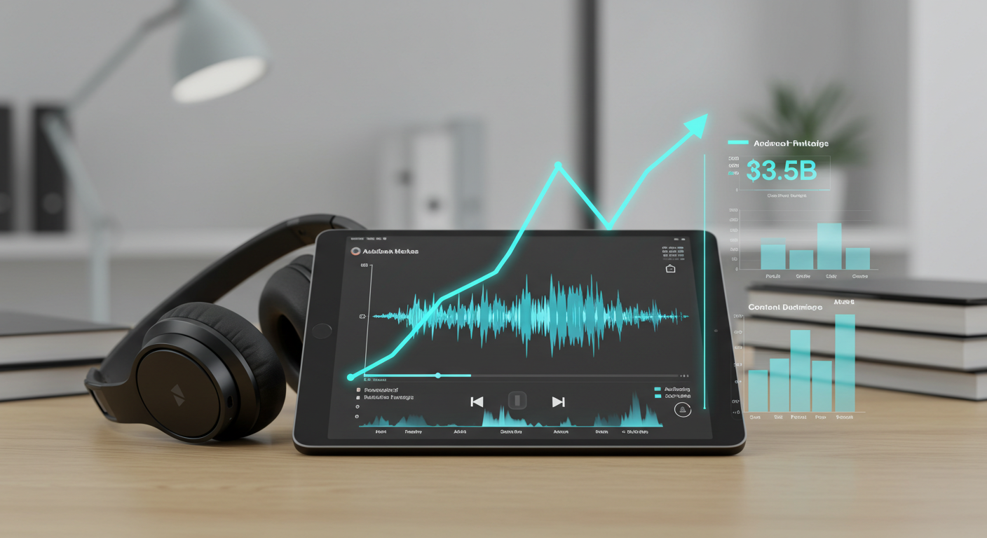 A tablet displaying sound waveform graphs and analytics sits on a wooden desk next to a pair of black headphones, with a modern lamp and stacked books in the blurred background.