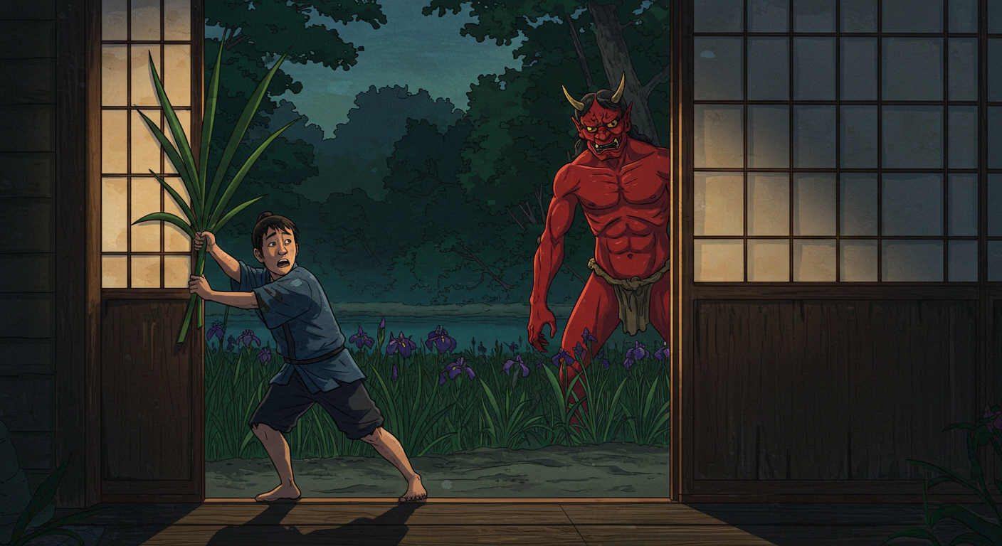A young boy holding large green leaves looks frightened as he stands at an open doorway, with a shadowy figure of a red demon looming behind him in a dark, forested setting filled with tall plants and purple flowers.