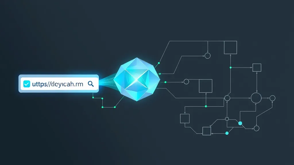 Central diamond node connected to a blockchain network diagram.