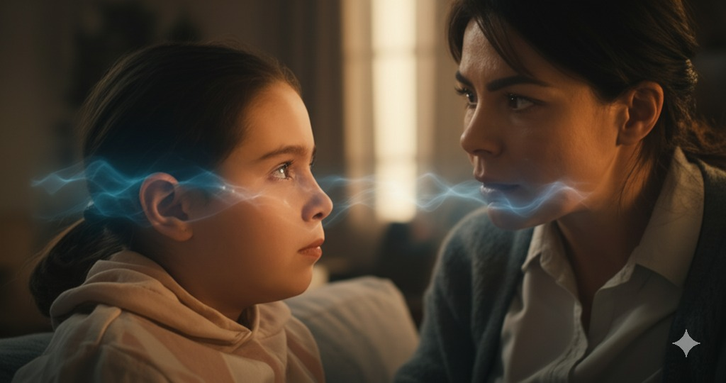 A close-up of a girl and a woman facing each other, their expressions serious; visual effects show blue energy emanating from their eyes and mouth, suggesting a tense, emotional connection between them. The soft lighting in the room creates an intimate atmosphere.