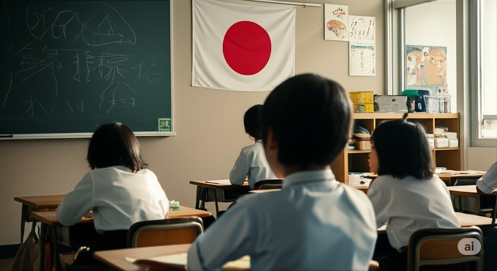 A classroom setting in Japan with students sitting at desks, facing a blackboard that shows writing, and a Japanese flag hanging on the wall. The students are dressed in white shirts, and a variety of educational materials are visible on shelves.