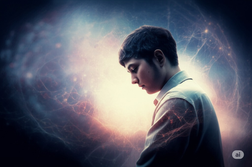 A young person with short dark hair is shown in profile, gazing downward with a thoughtful expression against a colorful, cosmic background featuring swirling patterns of light and energy.