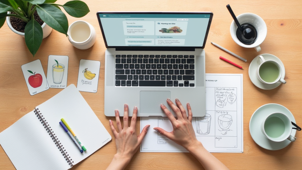 A desktop scene featuring a laptop displaying a user interface, several hand-drawn fruit cards (apple, banana, and a drink), a spiral notebook with pens, and two cups, one with green tea and another with a black beverage, arranged on a wooden table with a plant in the background.
