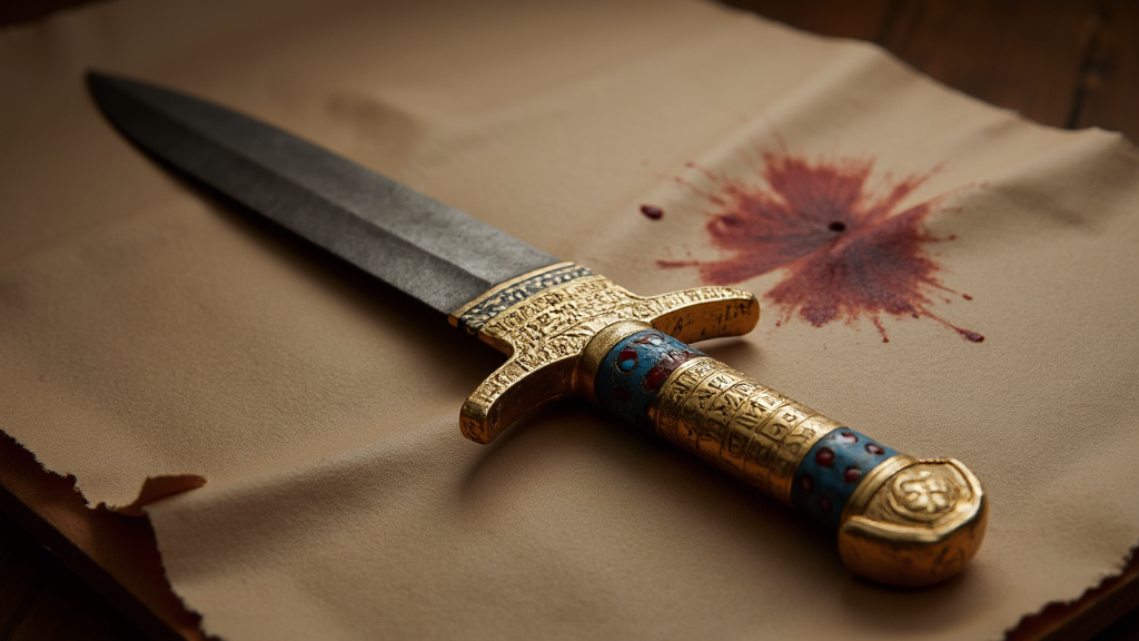 A decorative dagger with a gold and patterned handle rests on a piece of tan parchment, stained with a splatter of dark red liquid, suggesting a scene of intrigue or conflict.