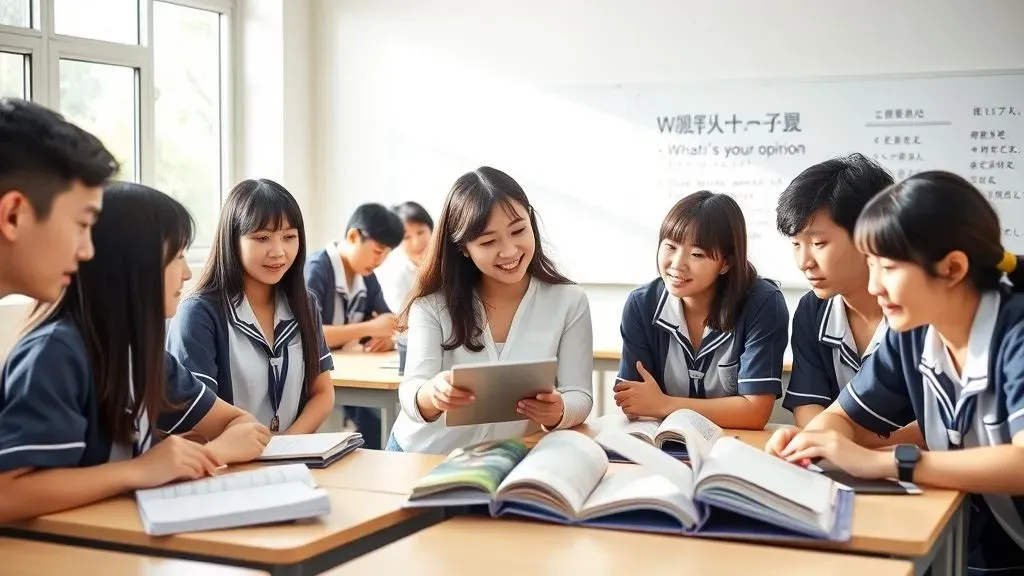 A group of six students and a teacher are gathered around a table in a classroom, with the teacher holding a tablet and smiling while engaging with the students, who are looking at books and taking notes. The students are wearing similar school uniforms, and there are large windows providing natural light in the background.