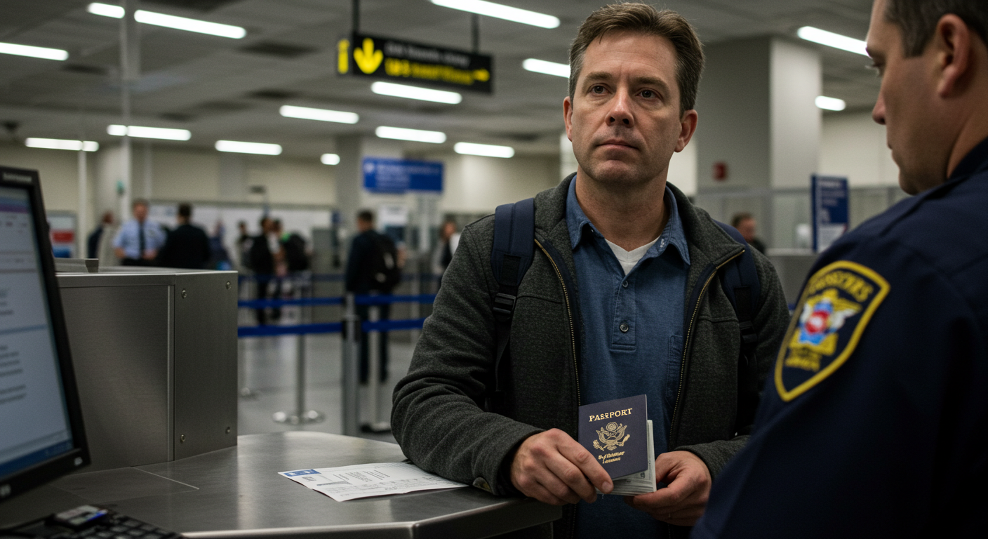 A man stands at a check-in counter in an airport, holding a passport in one hand while interacting with a uniformed officer. The airport terminal is busy in the background, with passengers waiting in line.
