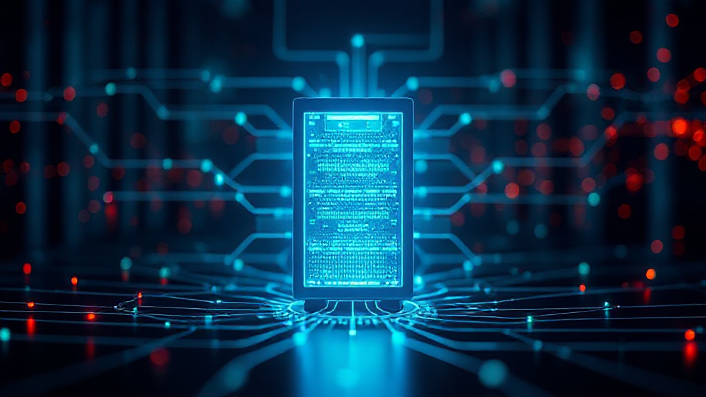 A glowing blue digital interface resembling a device, surrounded by intricate circuit patterns and illuminated nodes in blue and red, suggesting a futuristic technological setting.