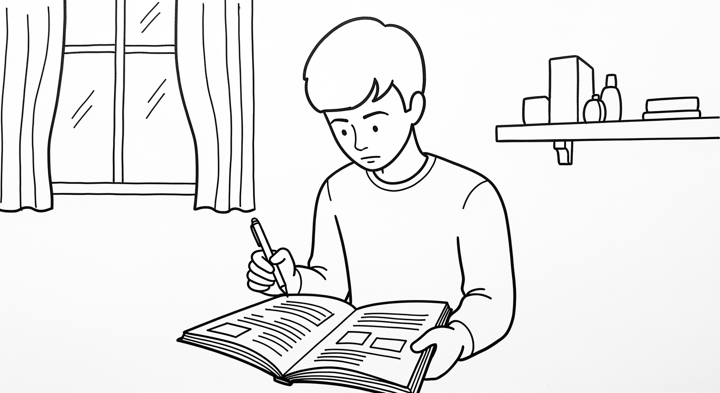 A young person is sitting at a table, reading a book with notes and illustrations. They are holding a pen, concentrating on their work, while a window with curtains and a shelf with various items are visible in the background.