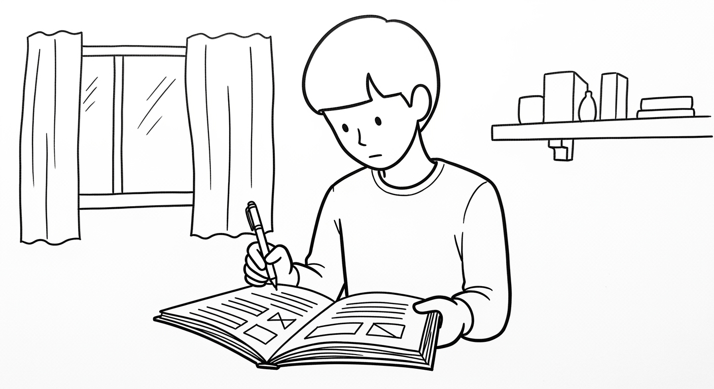 A young person with short hair is sitting at a table, writing in a notebook that has various shapes and layouts drawn on it. The scene includes a window with curtains and a shelf in the background with books and a vase.