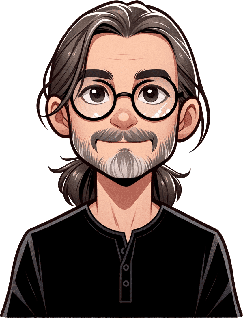 A cartoon-style illustration of a man with long, gray hair tied back, a beard, and wearing glasses. He has a friendly expression and is dressed in a black shirt.