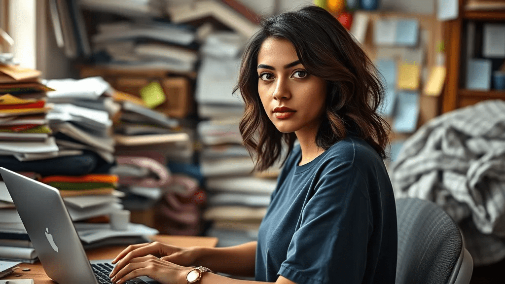 Woman working at desk in cluttered office