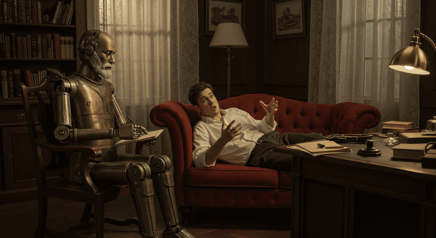 Robot and man in a cozy study setting