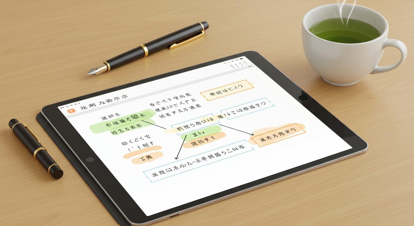Tablet with mind map, pen, stylus, and green tea